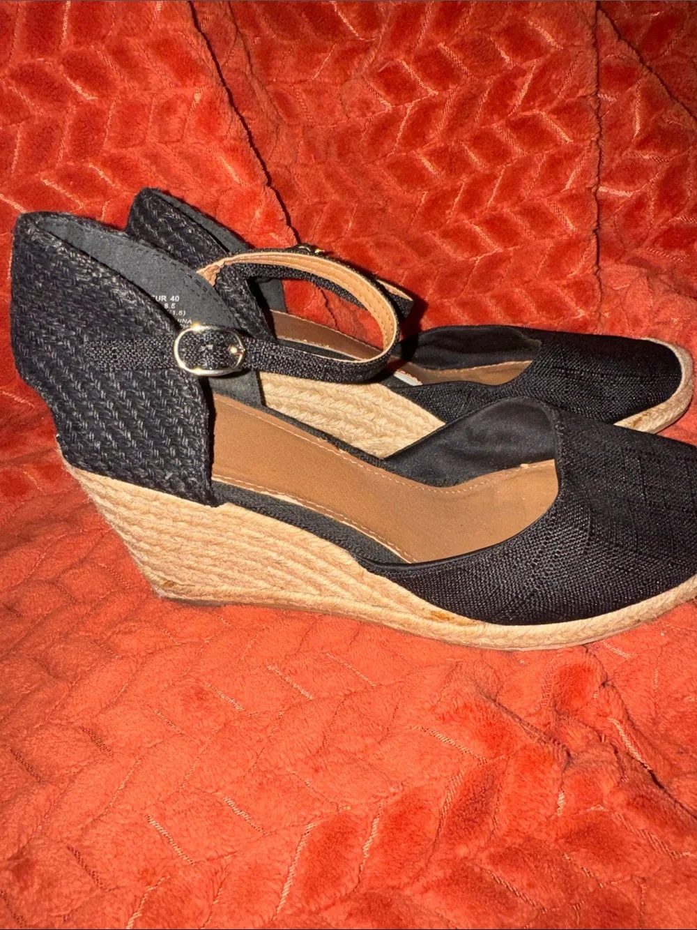 H&M Black Canvas Espadrille Wedge Sandals | Ankle Strap Resort Heels (Size US 8.